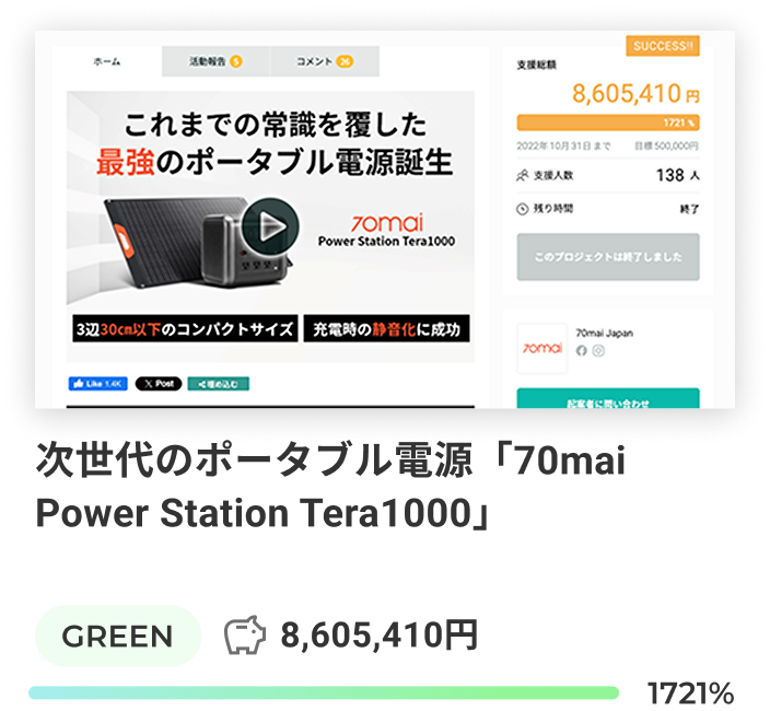 次世代のポータブル電源「70mai Power Station Tera1000」の導入事例